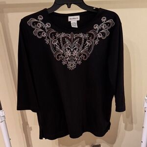 Bon Worth Black Blouse with Intricate Silver Design B1C